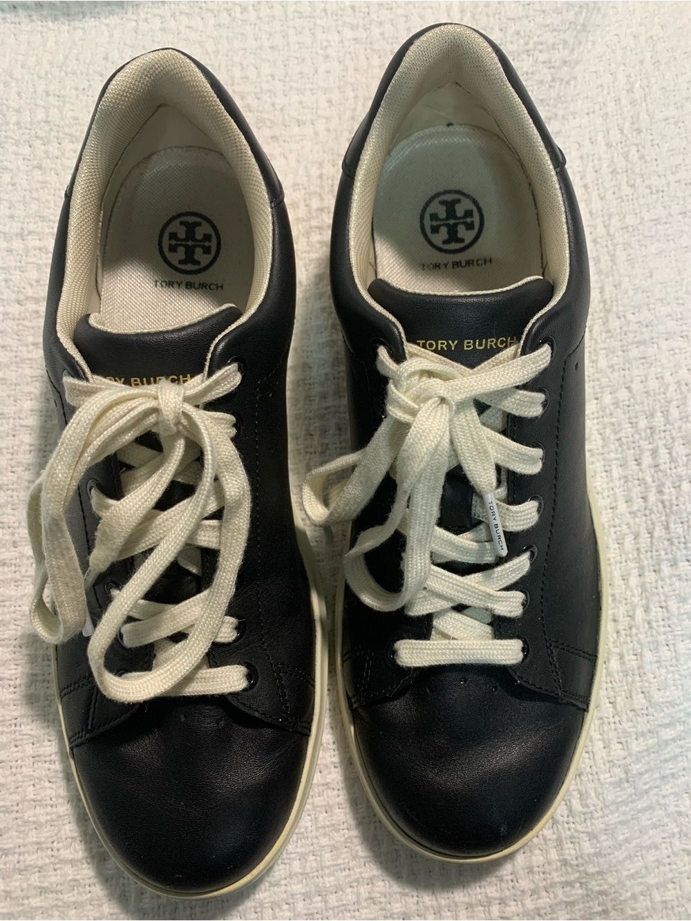 Tory Burch Black Leather Low-Top Sneakers with Cream Laces